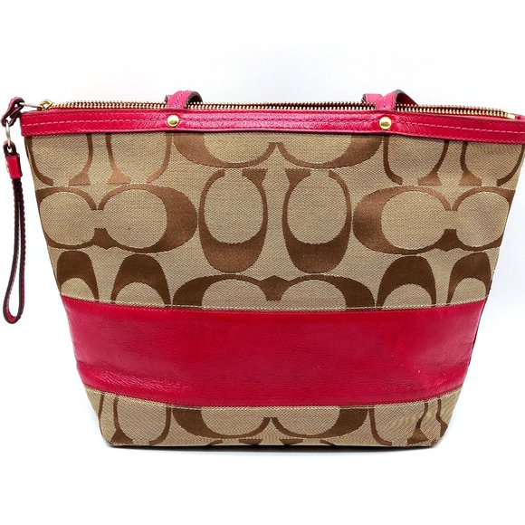 EUC Coach Signature Stripe Patent Leather Tote Shoulder Bag Khaki Pink 12429. - Picture 3 of 15